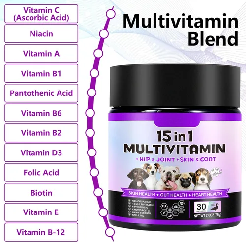 Vista 2 de Multivitamínico masticable para perros, 150 masticables, vitaminas y suplementos para perros 15 en 1, vitaminas diarias para perros, probióticos