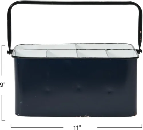 Vista 2 de Creative Co-Op Carrito de almacenamiento de metal con 6 compartimentos y asa, color azul y blanco envejecido