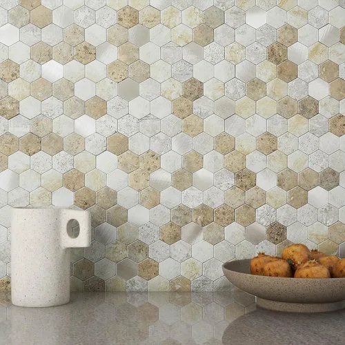Vista 9 de MOFIT - Azulejos hexagonales para salpicaduras de cocina, autoadhesivos, de metal y mármol, diseño de panal de abejas para despegar y pegar, mosaico