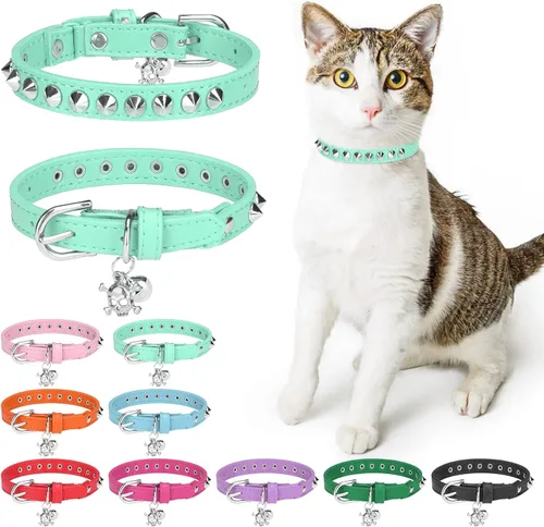 Vista 27 de Collares de cuero DILLYBUD para gatos macho y hembra con campana y cinturón elástico de seguridad, collar ajustable con hebilla de seguridad