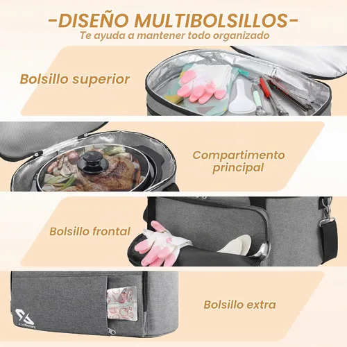 Vista 6 de Bolsa para olla de cocción lenta de doble capa Golkcurx para ollas ovaladas CrockPot de 6-8 cuartos y modelos Hamilton Beach, con correa ajustable