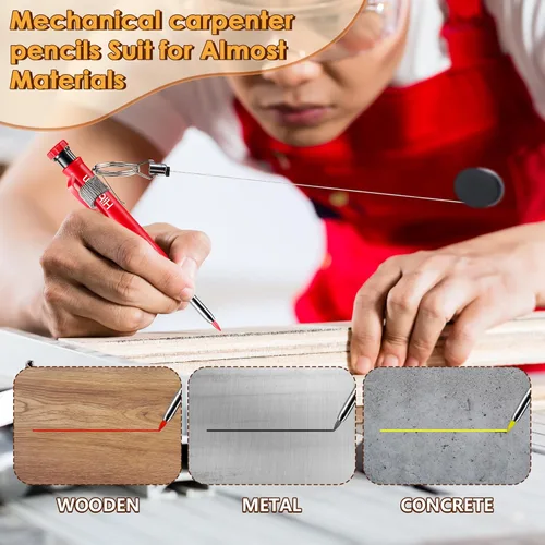 Vista 6 de Hiboom Lápices de carpintero con soporte retráctil, lápices de construcción de marcadores de agujeros profundos con sacapuntas integrado y bolsa
