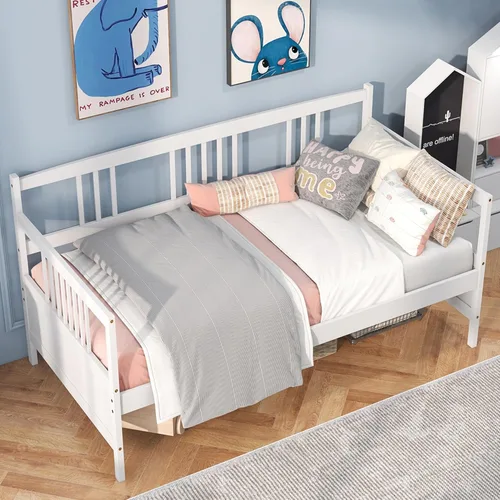 Vista 9 de KOMFOTT Marco de sofá cama de madera tamaño matrimonial, marco de sofá cama con soporte de listones de madera, no necesita somier, marco de sofá