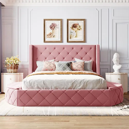 Vista 30 de Elegante cama de plataforma tapizada de terciopelo con 1 cajón grande y 2 taburetes de almacenamiento laterales, base de colchón de plataforma