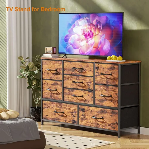 Vista 8 de Furnulem Cómoda para dormitorio con 9 cajones de tela para soporte de TV de 55 pulgadas de largo, centro de entretenimiento y cómoda, amplio