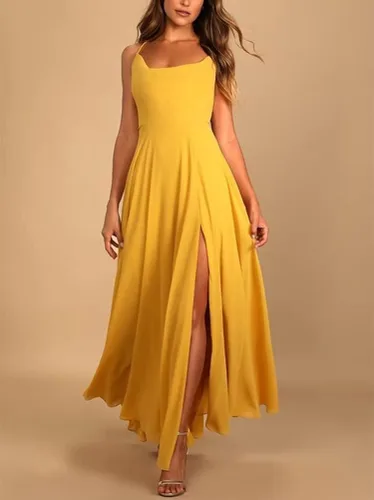 Vista 2 de Vestidos largos de dama de honor de gasa para mujer, vestido formal de boda con cuello redondo, abertura alta, con bolsillo
