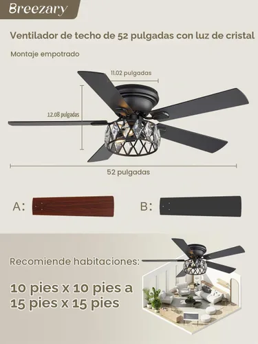 Vista 7 de Ventiladores de techo de montaje empotrado de 52 pulgadas con luces y control remoto, 5 aspas de doble cara, motor CC reversible de 6 velocidades