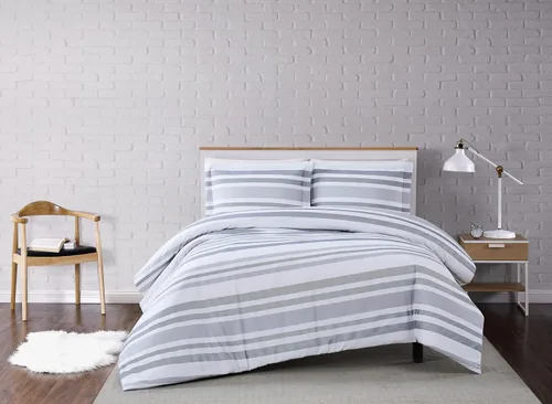 Vista 5 de TRULY SOFT Curtis Stripe - Juego de edredón de 2 piezas de poliéster blanco y gris, tamaño individual XL, con temática de rayas, para hombres