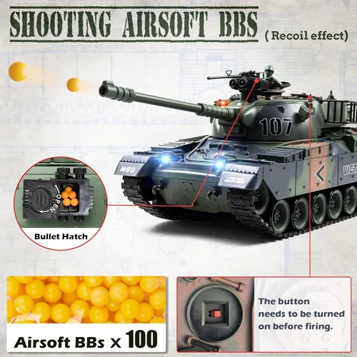 Vista 5 de Supdex Tanque RC 1:18, 2.4Ghz US M60 modelo de tanque de control remoto, juguete militar de batalla de 15 canales con humo, sonido ligero