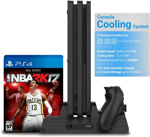 Vista 4 de Base de carga de estación de ventilador de refrigeración para Playstation 4 estación de carga de controlador con ranuras de juego para Playstation 4
