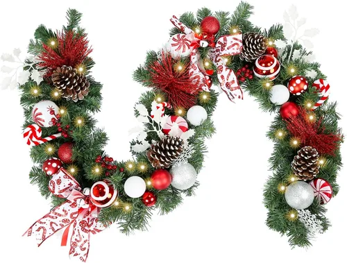Vista 15 de WBHome Guirnalda de Navidad preiluminada de 6 pies/72 pulgadas, guirnalda iluminada blanca y dorada con 35 luces LED para decoración de Navidad