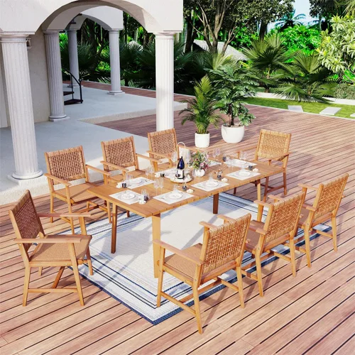 Vista 9 de MFSTUDIO Juego de 2 sillas de comedor de madera de acacia para exteriores, con asiento de ratán tejido hecho a mano y respaldo de ratán para jardín