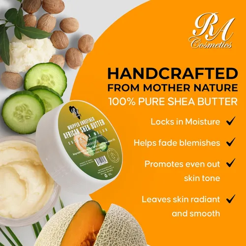Vista 3 de RA COSMETICS Manteca de karité batida con extracto de pepino y melón - Manteca corporal de karité 100% sin refinar de Ghana - Hidrata la piel, nutre
