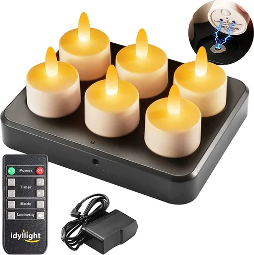 idyl light Velas de té recargables con temporizador remoto, velas parpadeantes sin llama de 100 horas con base de carga impermeables para votivo,