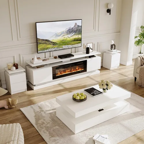 Vista 17 de Juego de Mesa Moderno Incluye Soporte de TV con Chimenea de 70" y Mesa de Centro de 47" con Estación de Carga y Puertos USB, para Sala de Estar