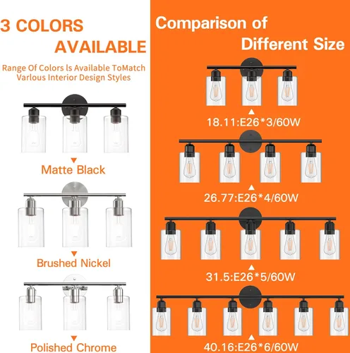 Vista 8 de Espird Lámpara de baño negra de 3 luces para tocador, moderna lámpara de pared para baño, lámpara de pared de granja, apliques de pared negro mate