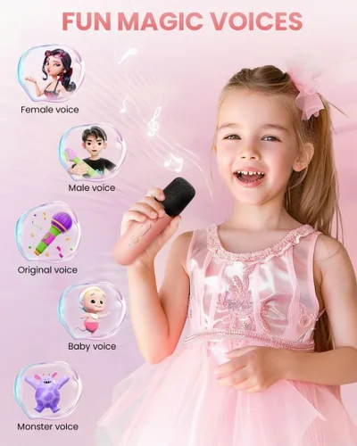 Vista 7 de Mini máquina de karaoke para niños, juguete para niñas, altavoz Bluetooth portátil con 2 micrófonos inalámbricos, regalos de juguete de moda