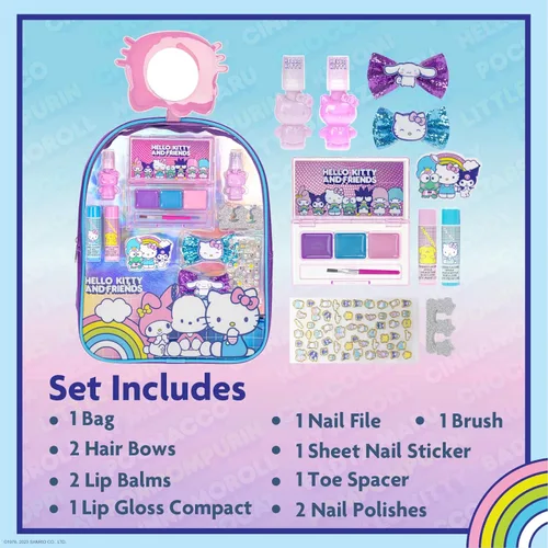 Vista 2 de Set de maquillaje Hello Kitty y sus amigos con mochila llena con 12 piezas, incluyendo brillo de labios, esmalte de uñas, piedras para uñas y otros