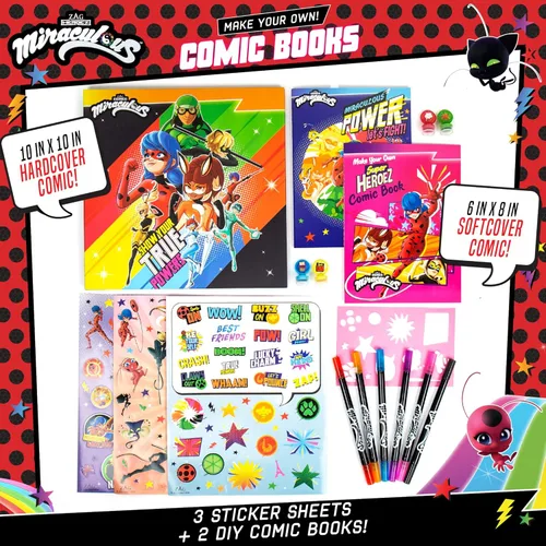 Vista 2 de Miraculous Haz tu propio cómic – Crea 2 cómics Ladybug, Cat Noir, Tikki y más – Juguetes creativos para niños a partir de 6 años – Kit de cómics DIY