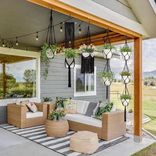 Vista 4 de Mkono - Paquete de 5 perchas de macramé para plantas, diferentes niveles para interiores, cesta colgante con 5 ganchos, soporte decorativo