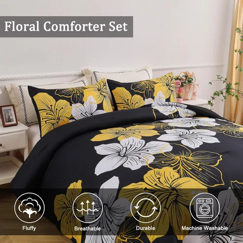 Vista 4 de Menghomeus Juego Completo de Edredón Negro/Dorado Floral Juegos de Ropa de Cama Edredón - Juego de Edredón de Cama de Microfibra Suave para Todas