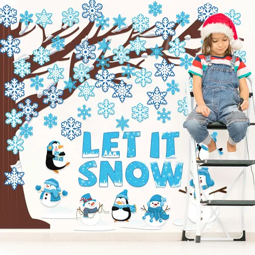 Vista 5 de 94 piezas de decoración de tablón de anuncios de invierno para el aula, árbol de copo de nieve Let it Snow, decoración de aula, copo de nieve