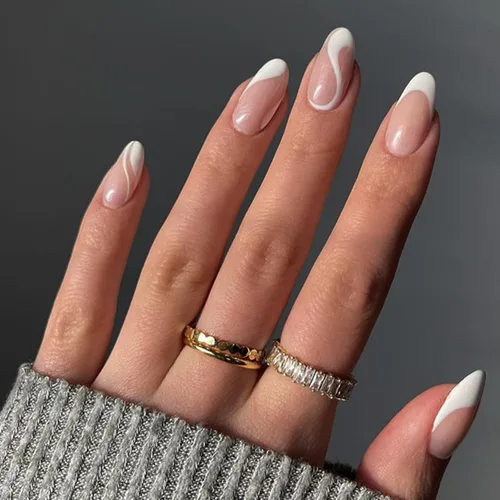 Vista 23 de Uñas postizas a presión con flores, uñas postizas medianas en forma de almendra, uñas postizas con punta francesa, uñas falsas florales brillantes