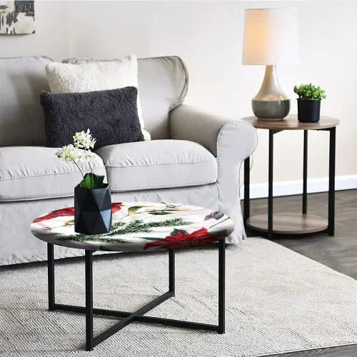 Vista 5 de Mantel redondo de vinilo ajustable, mantel de poliéster con estampado de pájaros rojos, flora y fauna navideña, se adapta a mesas redondas de 61