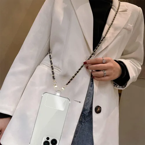 Vista 3 de Cadena cruzada para teléfono Cordón para teléfono celular, Correa universal de cuero + metal para el hombro con parches de sujeción para teléfono (A)