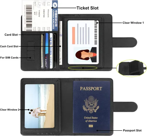 Vista 3 de Cartera de pasaporte de piel sintética para pasaporte, RFID impermeable, carteras esenciales para vacaciones, pasaporte, carteras de viaje
