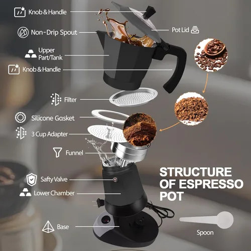 Vista 3 de Cafetera de café de aluminio eléctrica Moka Pot de 5-6 tazas 270ml, cafetera de espresso portátil para estufa, cafetera italiana clásica de Greca