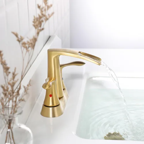 Vista 8 de PARLOS Grifo de baño de cascada de 2 manijas con drenaje emergente y líneas de suministro de grifo, oro cepillado, Demeter 1431708