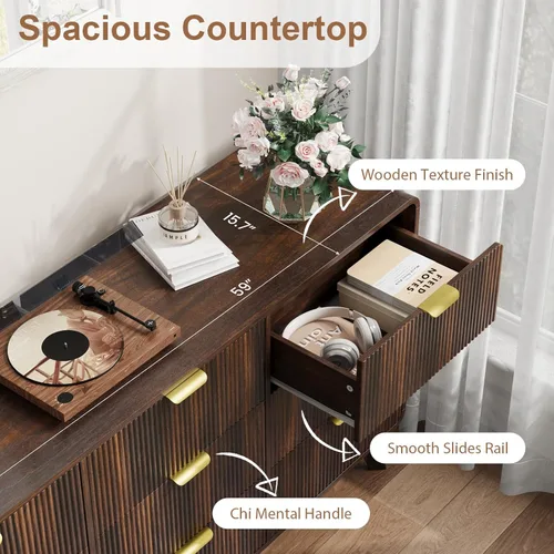 Vista 8 de QUW Cómoda moderna acanalada de 59.1 pulgadas de ancho para dormitorio con 9 cajones, cómoda alta con mango de metal, soporte de TV de madera