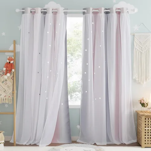 Vista 16 de NICETOWN Cortinas opacas con recortes de estrellas para dormitorio, 2 paneles, diseño mixto de 2 capas de tela y tul, cortina de ventana para niños