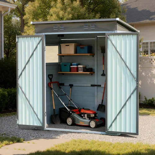 Vista 6 de EUHOME - Cobertizo de almacenamiento para exteriores de 3x5 pies, de madera maciza y acero, con puertas dobles con cerradura y ventanas