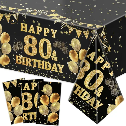 Vista 19 de Labeol Paquete de 3 manteles para cumpleaños número 18, decoraciones de cumpleaños número 18 negras y doradas, manteles rectangulares desechables