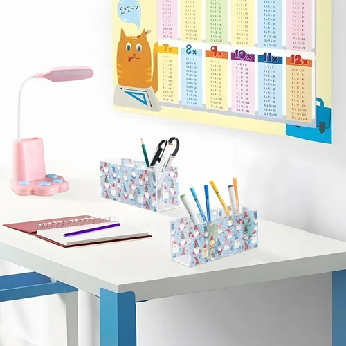 Vista 6 de CHIFIGNO Cute Blue and Red Gnomes Acrylic Pen Holder 4 Compartments Pencil Pen Holder for Desk Hair Brush Holder Decorative Desktop Organizer for