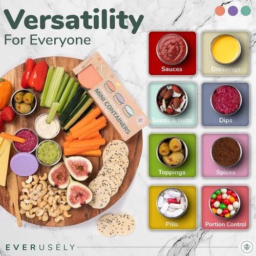 Vista 5 de Everusely Vasos para condimentos – Paquete de 3, 1.7 oz / 1.7 fl oz, brillantes, de acero inoxidable – Recipientes de condimentos con tapas