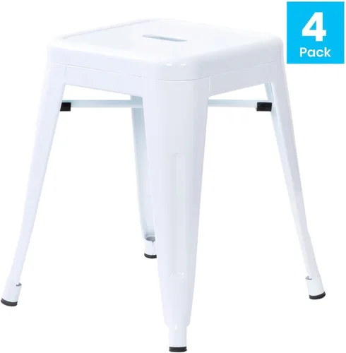 Vista 67 de Flash Furniture Taburete de metal para mesa de comedor, taburete de grado comercial Kai morado sin espalda, silla de comedor apilable de 18