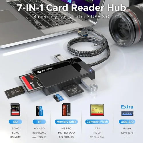 Vista 2 de Lector de Tarjetas SD 7 en 1, WARRKY [Conector Dual USB3.0/USB C, Cable de Nylon de 2.5 Pies] Hub Adaptador de Tarjeta de Memoria de Cámara