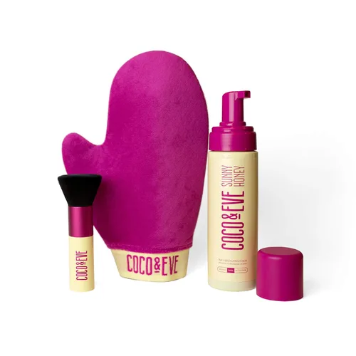 Coco & Eve Sunny Honey Paquete bronceador Bali. Mousse bronceador sin sol, natural. Loción autobronceadora instantánea con bronceador, manopla para