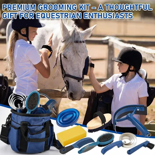 Vista 7 de Cunhill Kit de 9 piezas de aseo de caballos con bolsa de mano, curry de masaje ovalado, cepillo duro y suave, púa de pezuñas, raspador de sudor