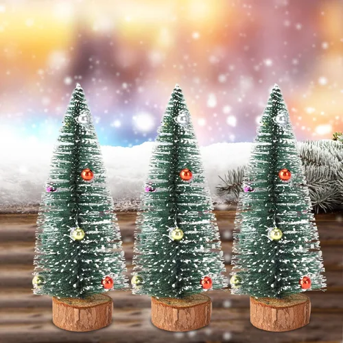Vista 3 de 3 mini árboles de Navidad artificiales de sisal esmerilado de 5.9 pulgadas, árboles de cepillo para botellas con bases de madera y bolas de adornos