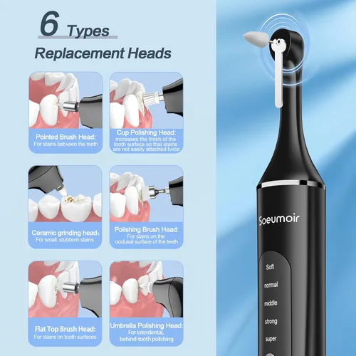 Vista 4 de Tooth Polisher,Rechargeable Tooth Whitening Kit for Teeth Cleaning and Whitening, with 8 Brush Heads, LED Light, 5 Speed Modes Dental Polisher