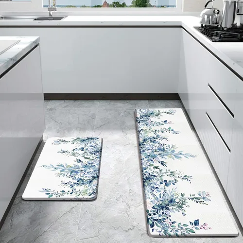 Vista 2 de Bulijojo Blue Leaves Anti Fatigue Kitchen Floor Mats Set of 2 Waterproof Kitchen Sink Runner Rug Standing Mat Cushioned Kitchen Rugs Comfort Doormat