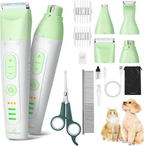 Kit de aseo para perros SUPRENT, cortapelos de 4 en 1 para suministros de aseo, molinillo de uñas para mascotas inalámbrico eléctrico, recortador de