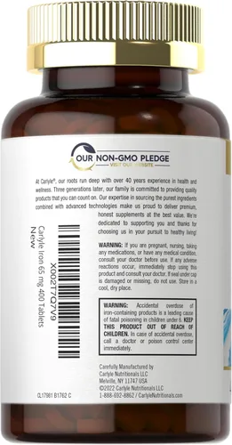 Vista 3 de Carlyle Sulfato ferroso de hierro 325 mg, 65 mg 400 tabletas Sin OMG, sin gluten y suplemento vegetariano Alta potencia
