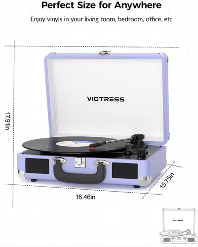 Vista 10 de Tocadiscos de maleta portátil Bluetooth con altavoces estéreo, tocadiscos de 3 velocidades, grabación USB a digital, conector RCA/AUX