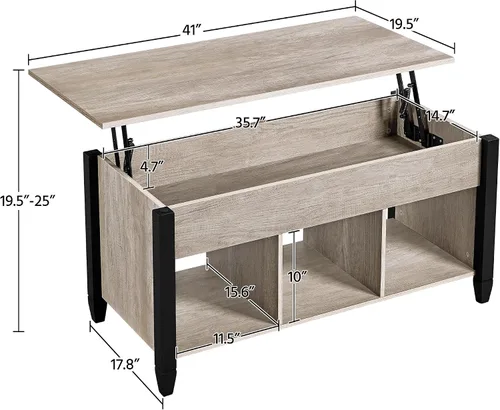 Vista 3 de Yaheetech Mesa auxiliar gris, mesa de centro elevable con compartimento oculto y estante, mesa de comedor elevable para sala de estar, recepción