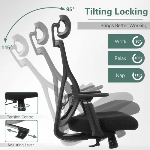 Vista 4 de Furmax Silla de oficina ergonómica con respaldo alto, silla de oficina ejecutiva de malla con reposacabezas ajustable, soporte lumbar, asiento
